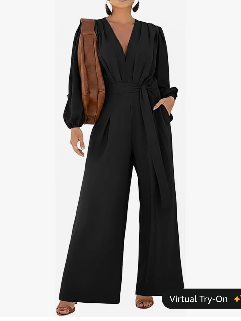 Elegant Black V-Neck Wide-Leg Jumpsuit with Tie Waist
